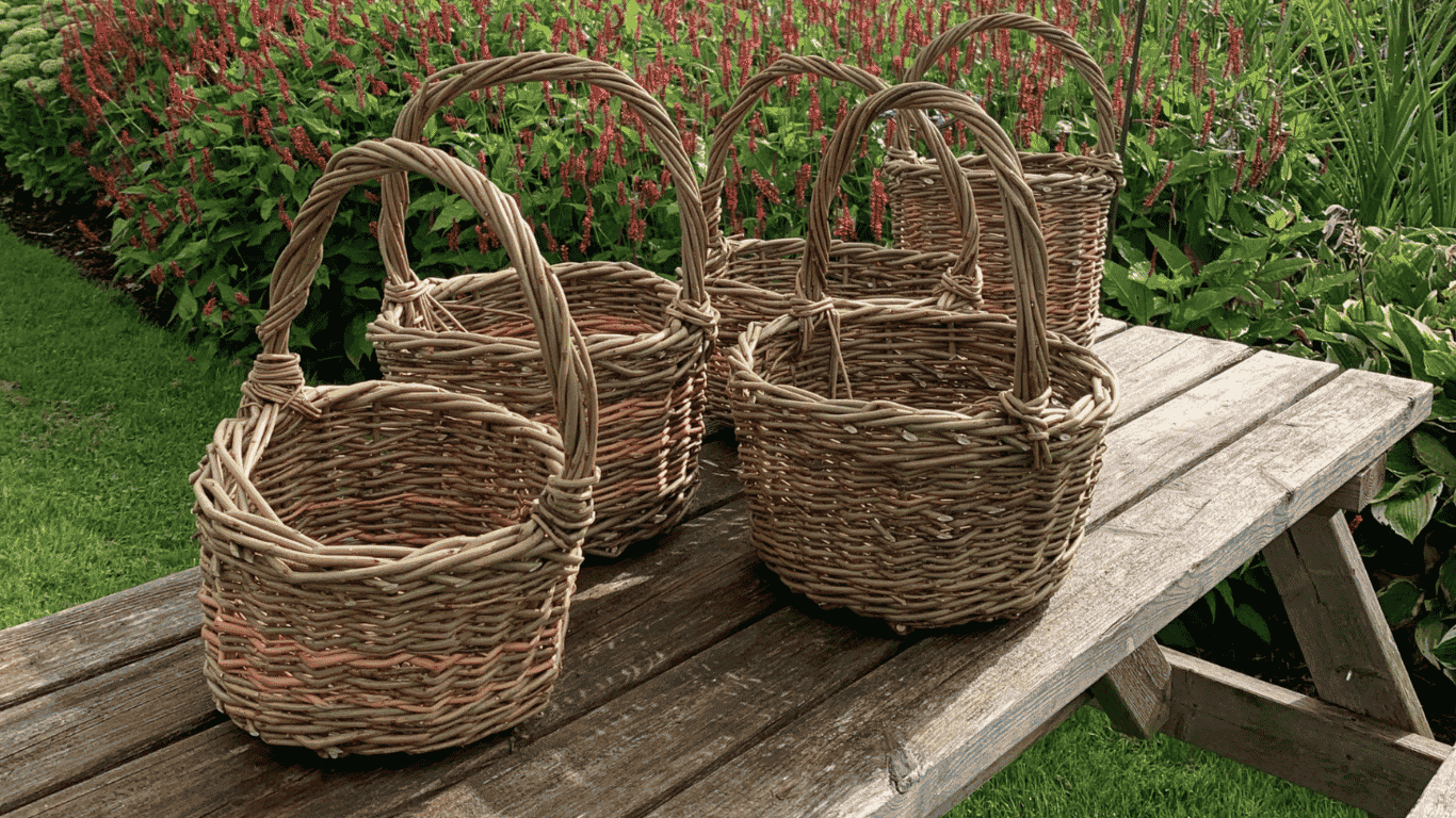 5 Traditional Berry Baskets on a wooden beach outside