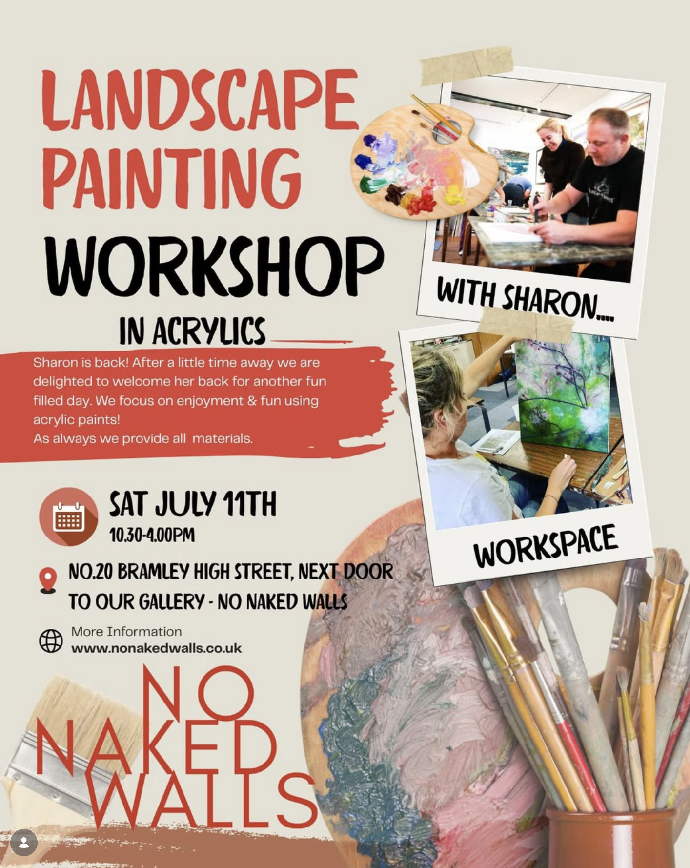 Poster for a landscape workshop with paint brushes and workshop information