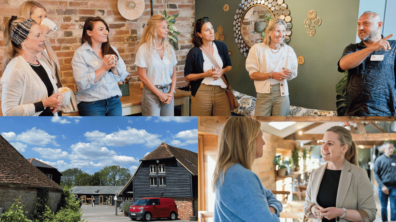 1. photos of Maddings cafe in Bramley with blue skies abover, 2. photo of people smiling and talking as a group 3. two ladies talking over coffee at a networking event