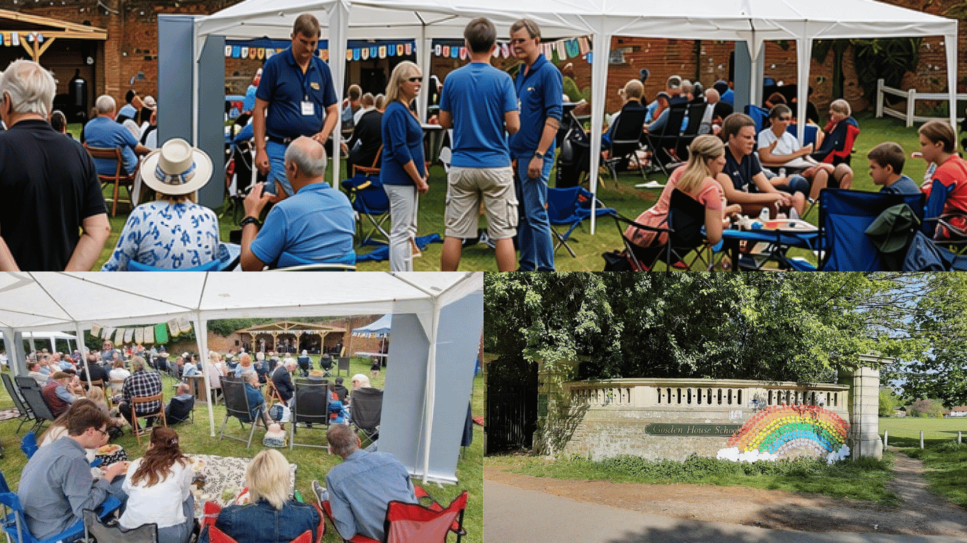 A collage of community life in Bramley, Surrey — outdoor event with marquee and families, a live performance, and the entrance to Gosden House School