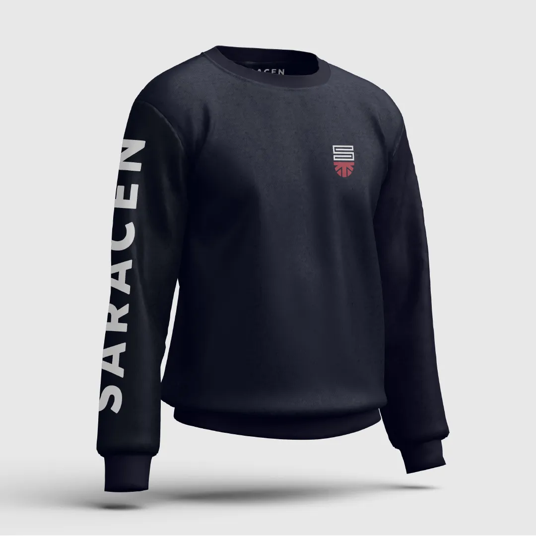 Saracen Horse Feeds – Black long-sleeve sweatshirt with the word 'SARACEN' printed vertically in white on the left sleeve and a small white and red logo on the left chest.