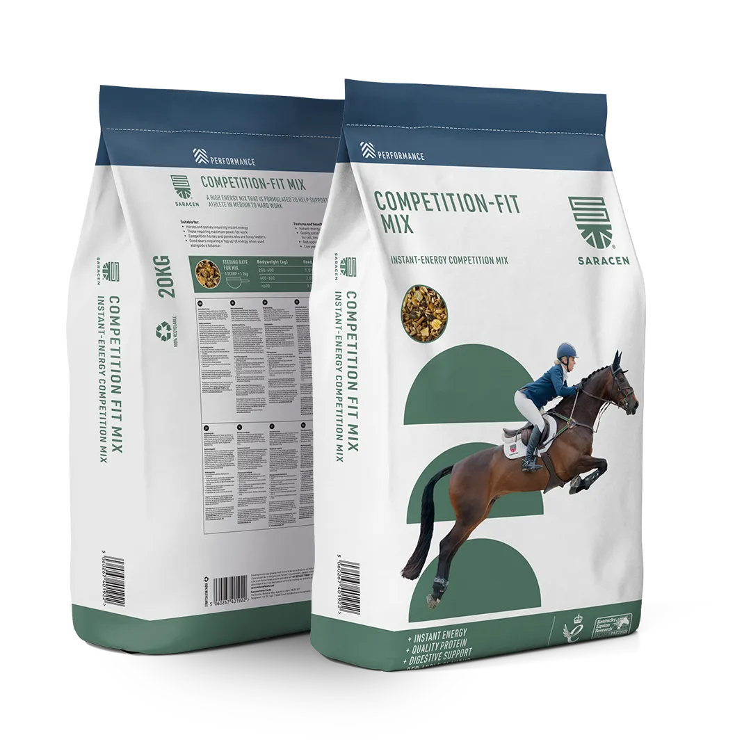 Two bags of Saracen Horse Feeds Competition Fit Mix horse feed featuring a rider jumping a horse on the front bag.