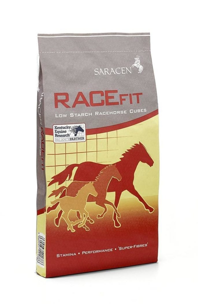 Bag of Saracen Horse Feeds RACEFIT Low Starch Racehorse Cubes featuring red and yellow design with running horses illustration.