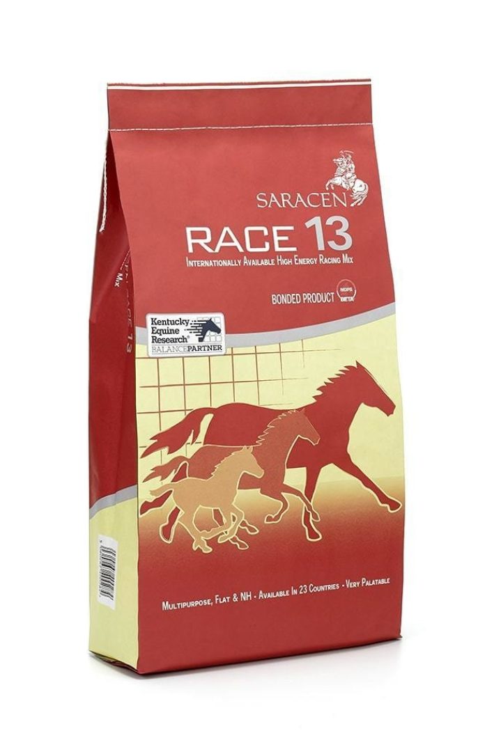 Red and yellow bag of Saracen Horse Feeds Race 13 high energy racing mix horse feed featuring a graphic of three running horses and Kentucky Equine Research logo.