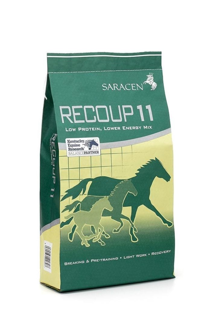 Bag of Saracen Horse Feeds Recoup 11 low protein, lower energy mix horse feed with silhouettes of running horses.