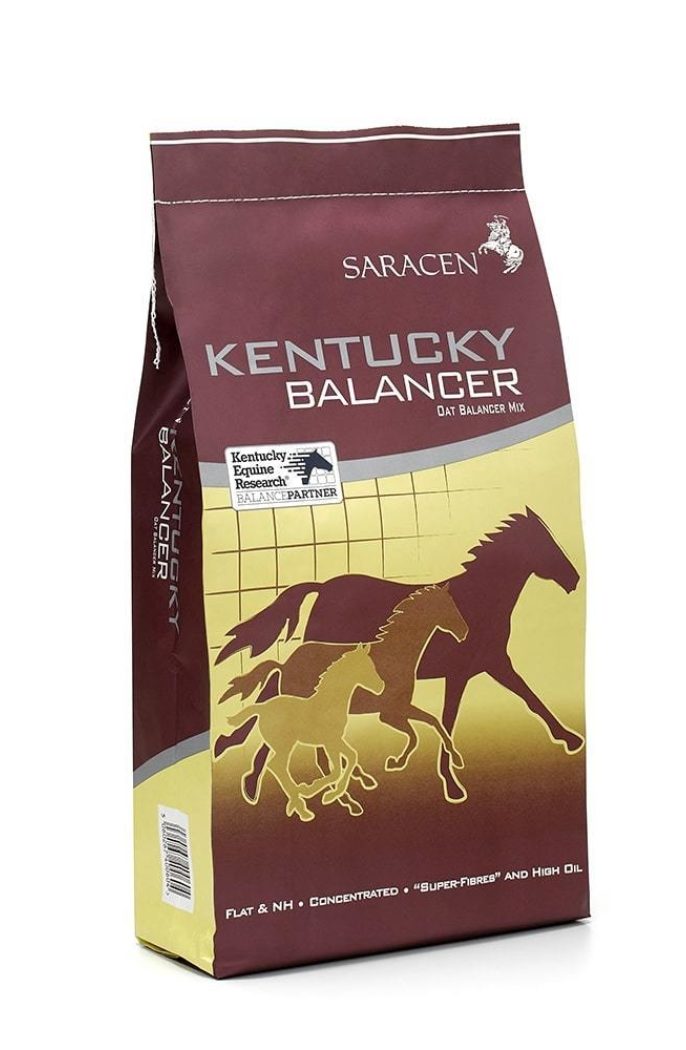 Bag of Saracen Horse Feeds Kentucky Balancer oat balancer mix with graphics of three running horses in brown and gold.