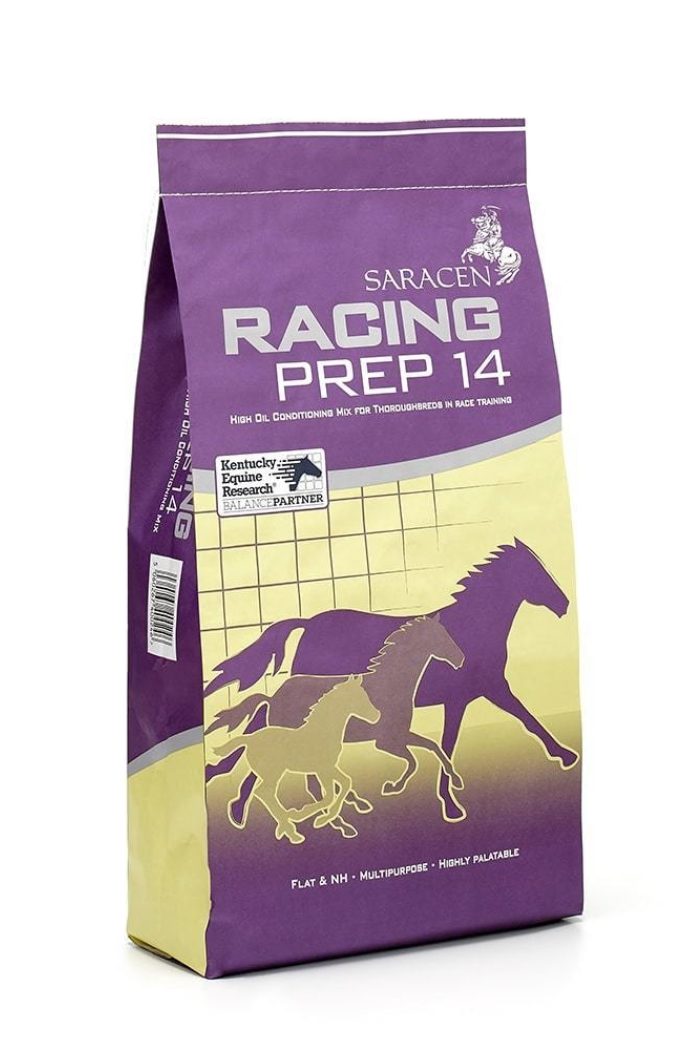 Purple and yellow bag of Saracen Horse Feeds Racing Prep 14 high oil conditioning mix for thoroughbred race training with horse silhouettes.