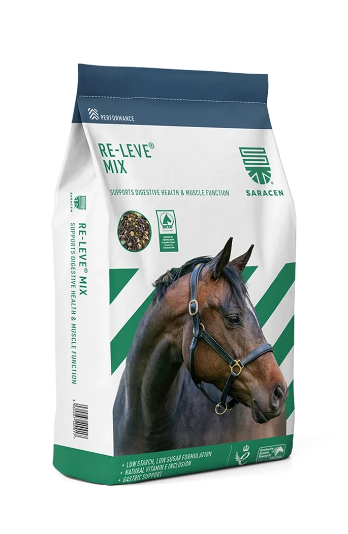 Saracen Horse Feeds RE-LEVE-MIX horse feed bag featuring a running brown horse on grass, labeled cereal free, alfalfa free, low starch feed for horses and ponies prone to gastric ulcers.