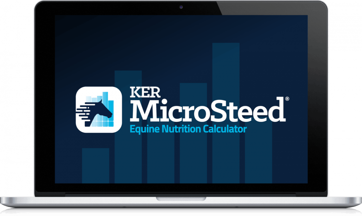 Laptop screen displaying KER MicroSteed Equine Nutrition Calculator logo with a stylized horse head and bar chart.