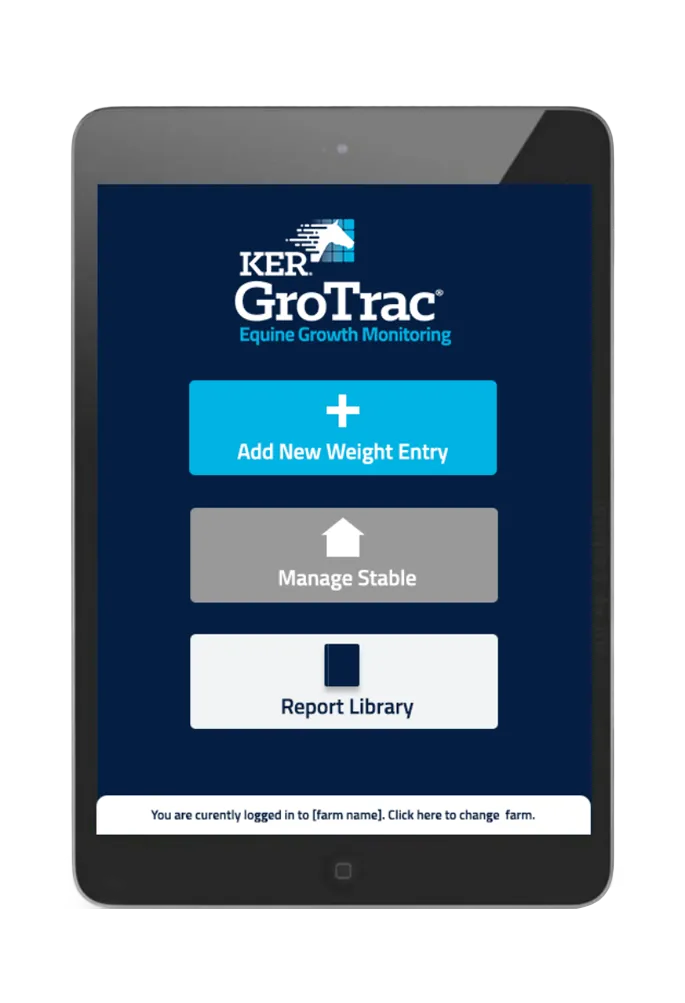 Tablet screen showing KER GroTrac Equine Growth Monitoring app with buttons for Add New Weight Entry, Manage Stable, and Report Library.
