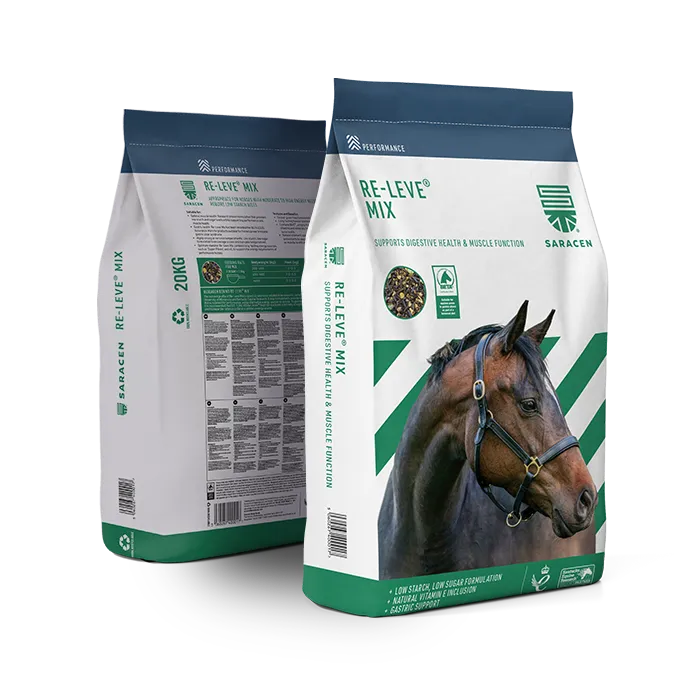 Two bags of Saracen Re-Leve Mix horse feed.