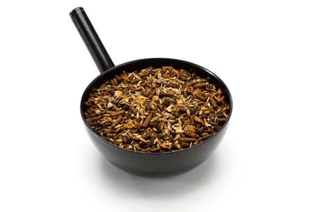 Black scoop filled with a mixture of dried animal feed pellets and grains on a white background.