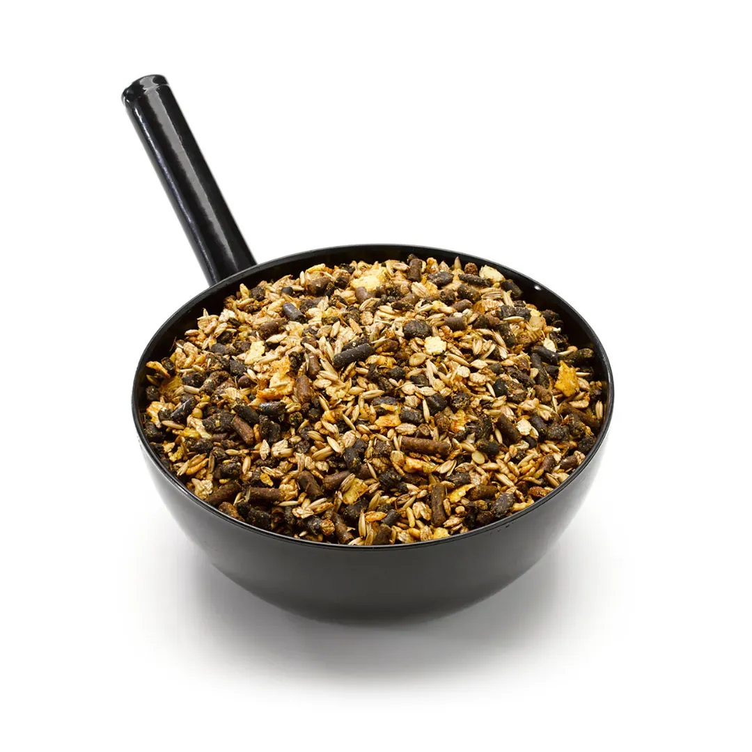 Black scoop filled with a mix of dried granules, seeds, and pellets on a white background.