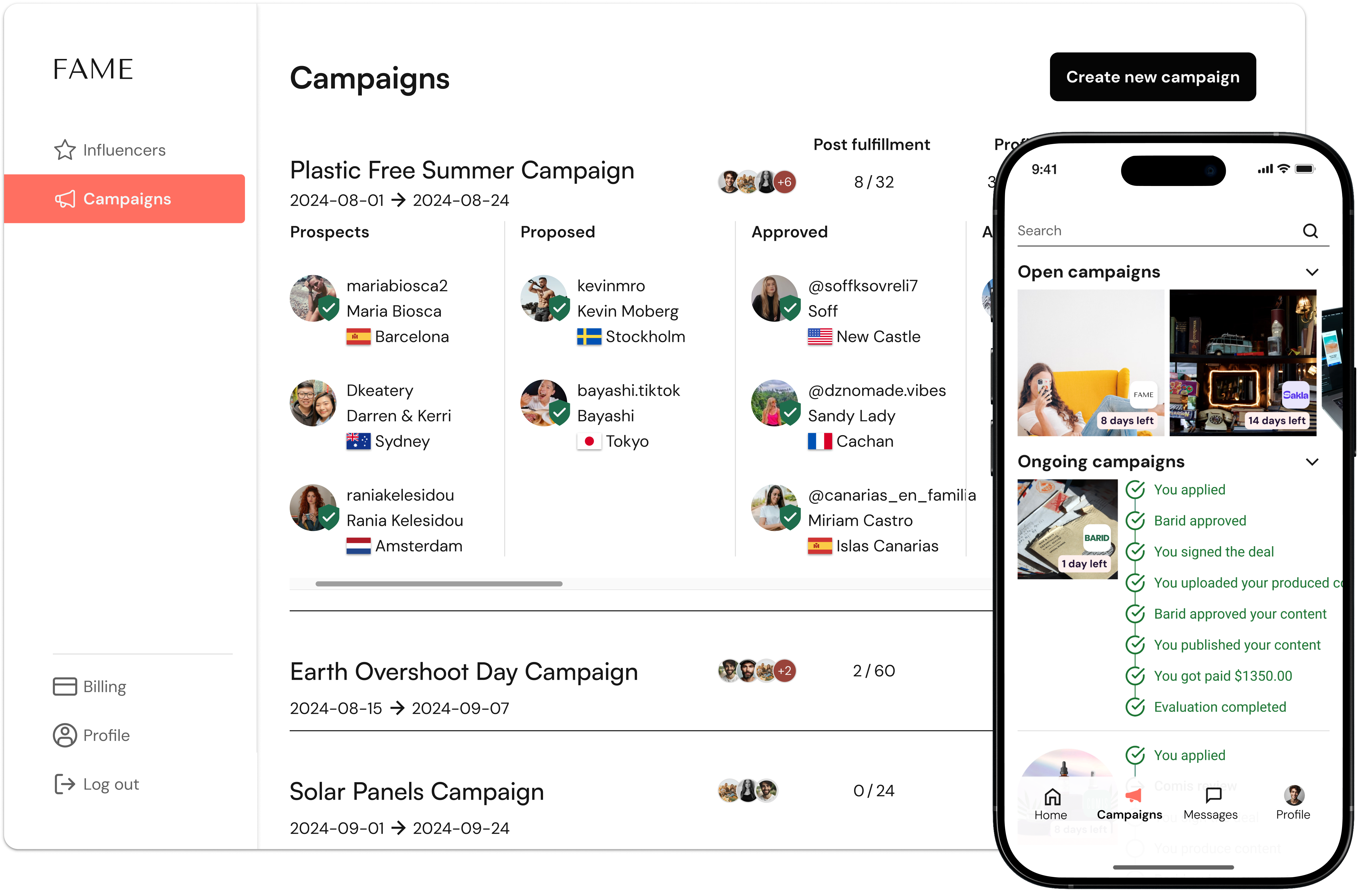 Shows what the brand web looks like when a brand representative get an overview of the creators engaged in their campaigns. A phone also show what it looks like for creators when they participate in a campaign.