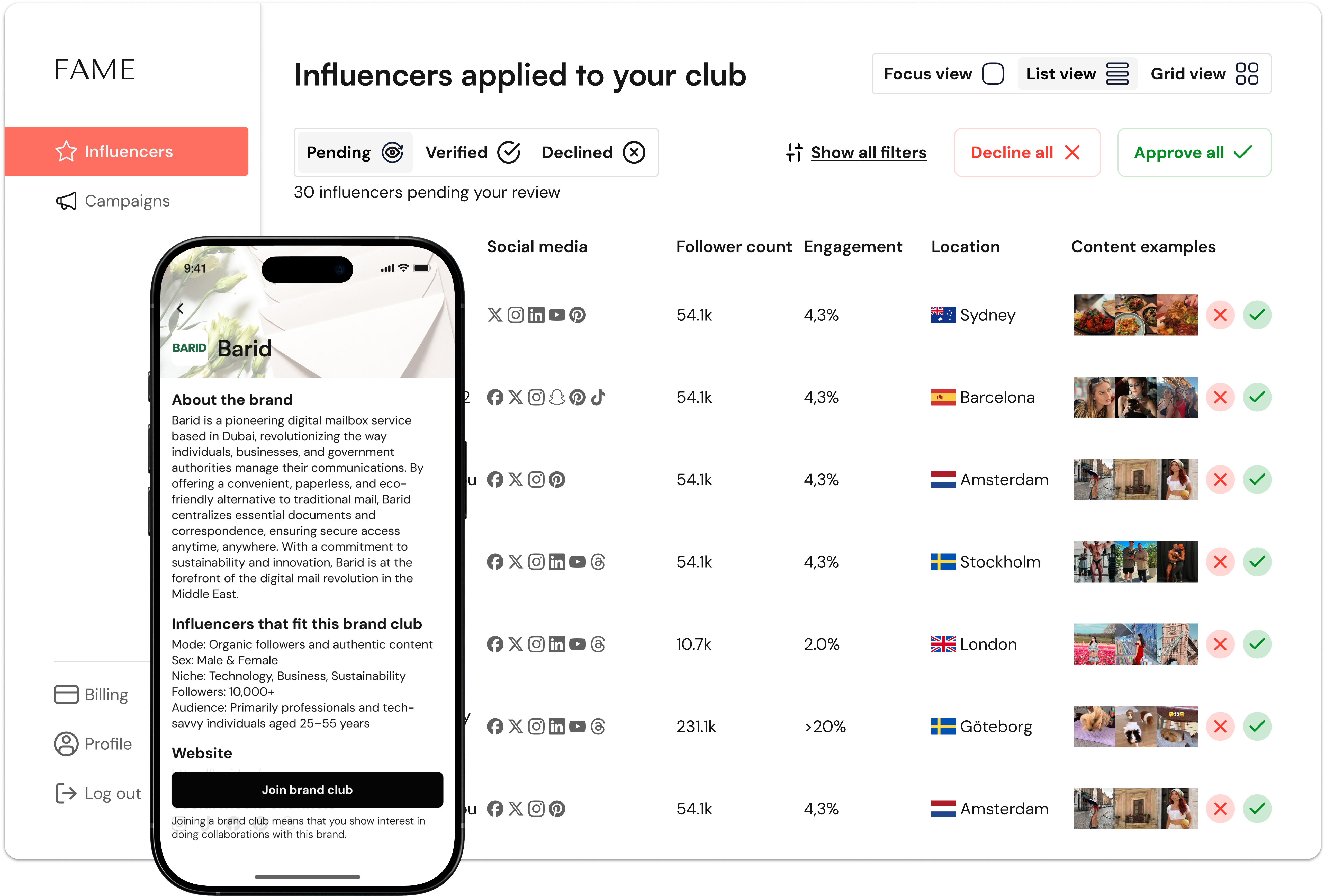 Shows what the brand web looks like when a brand representative reviews creators that applied to the their brand club. A phone also show what it looks like for creators when they browse a brand club.