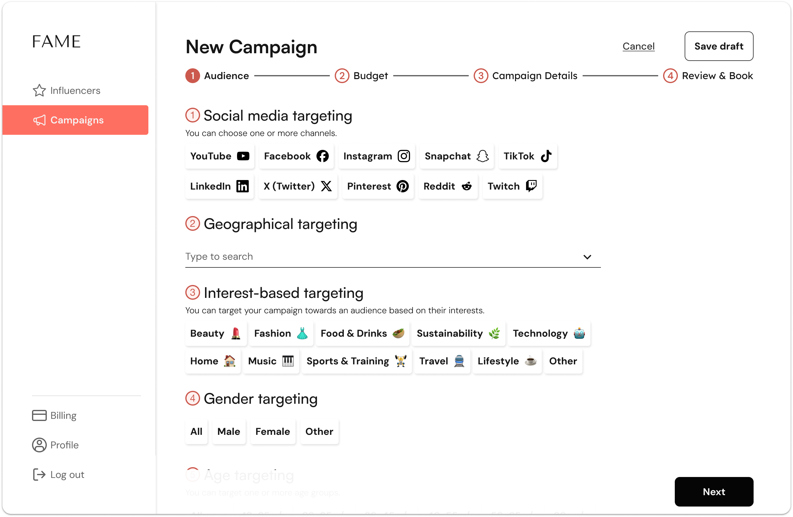 A visual representation of what the interface looks like for brands when they launch a campaign