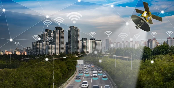 A city with gps signals and satellite in the sky