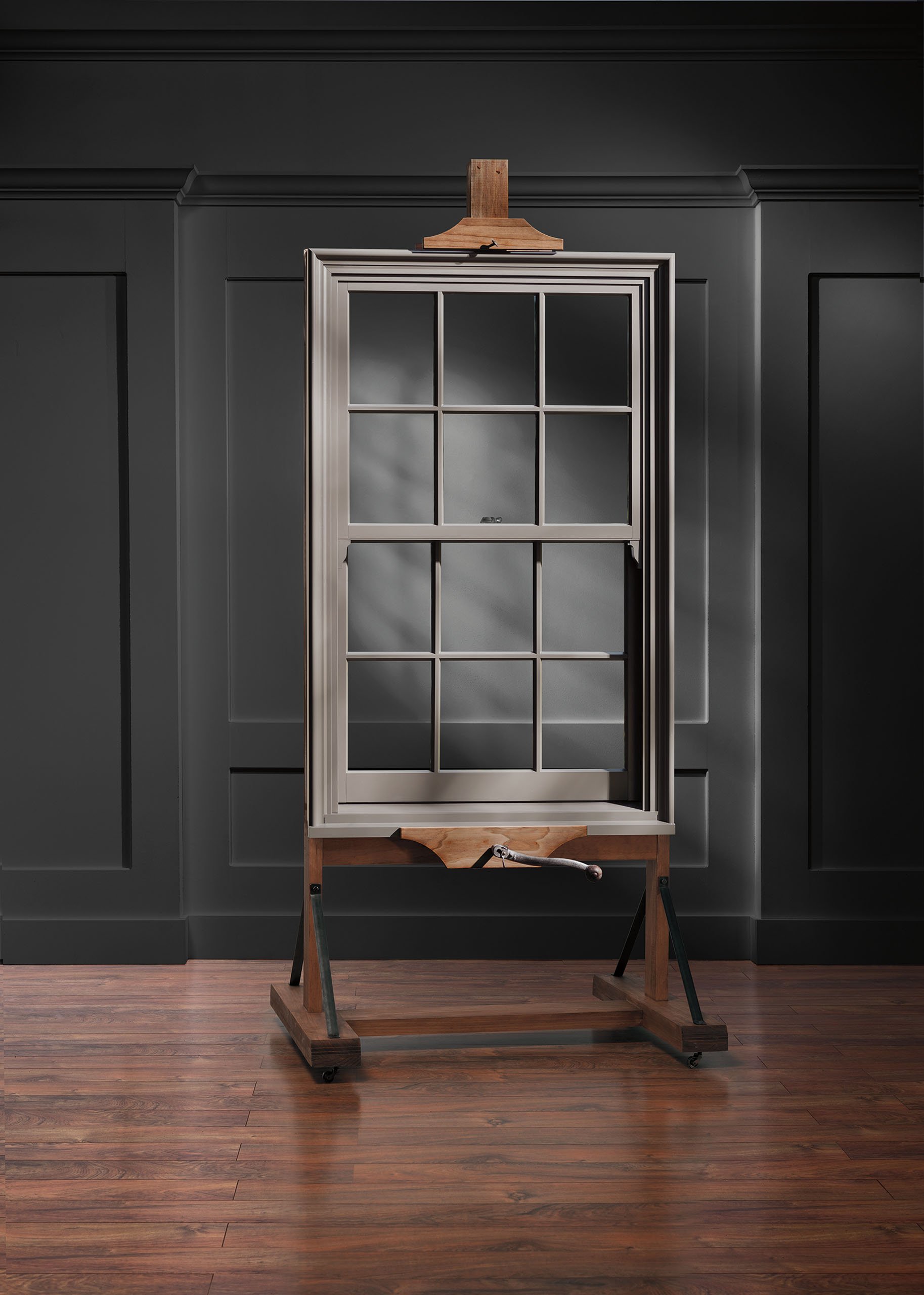 Single-hung window against gray background