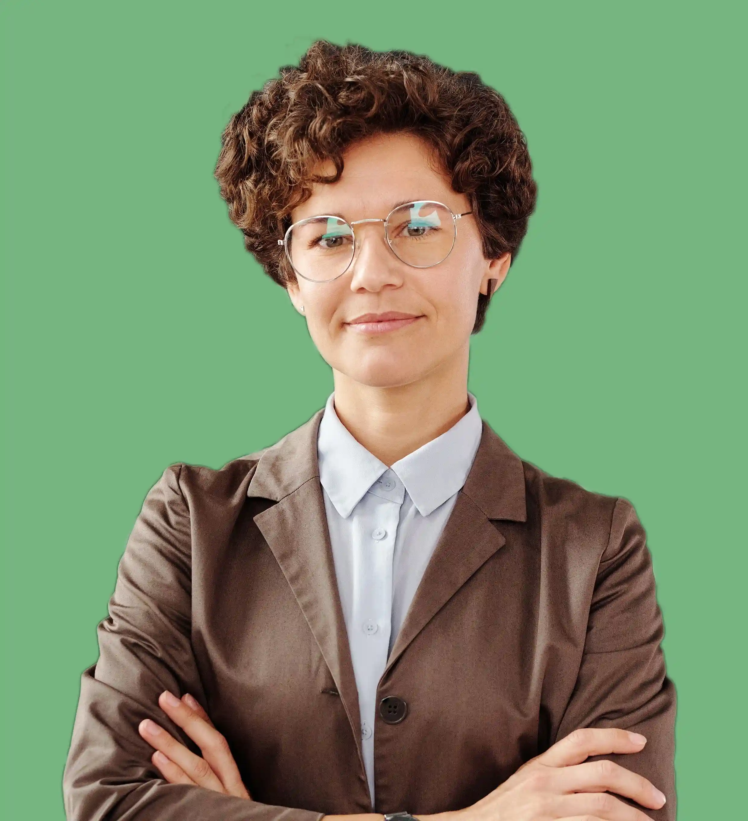 Woman teacher on green 
background