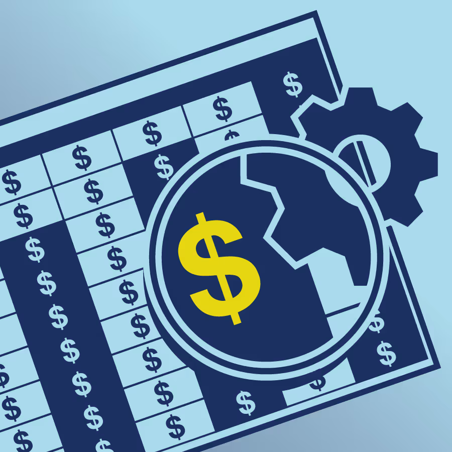 Spreadsheet with dollar symbols, a magnifying glass with a yellow dollar sign, and a gear symbol representing global financial management or economic settings.