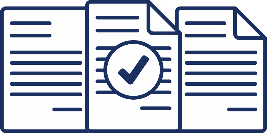 Dark blue line icon illustration of three paper documents with lines of information, and the center one has a checkmark with in circle for approval.