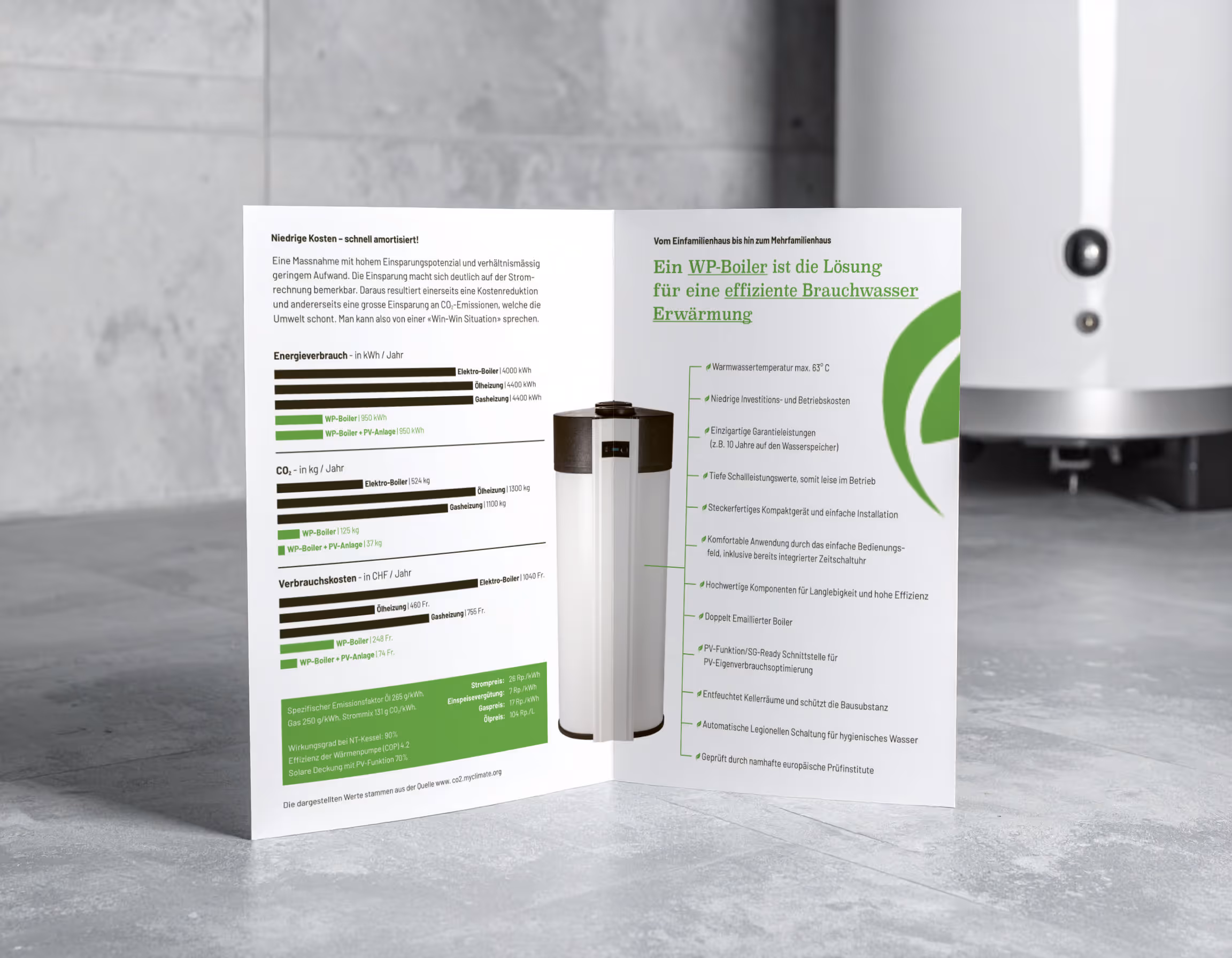 Produktblatt für einen effizienten Wärmepumpenboiler mit technischen Daten und Vorteilen auf einem Beton Boden.