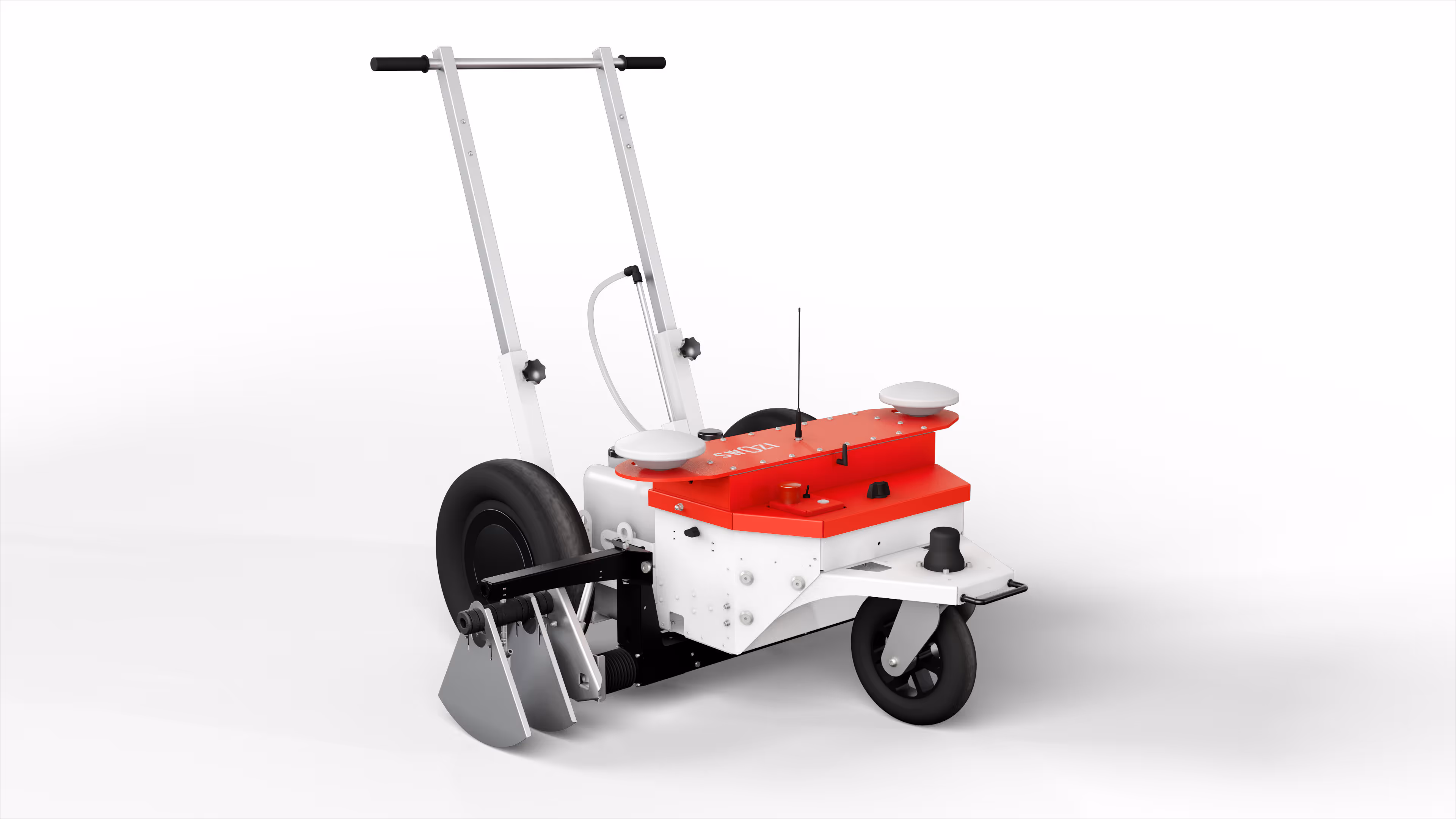 Visualisierung eines modernen, weiss-rotes, handgeführtes GPS-Markierungsgerät mit grossen Hinterrädern und kleineren Vorderrädern.