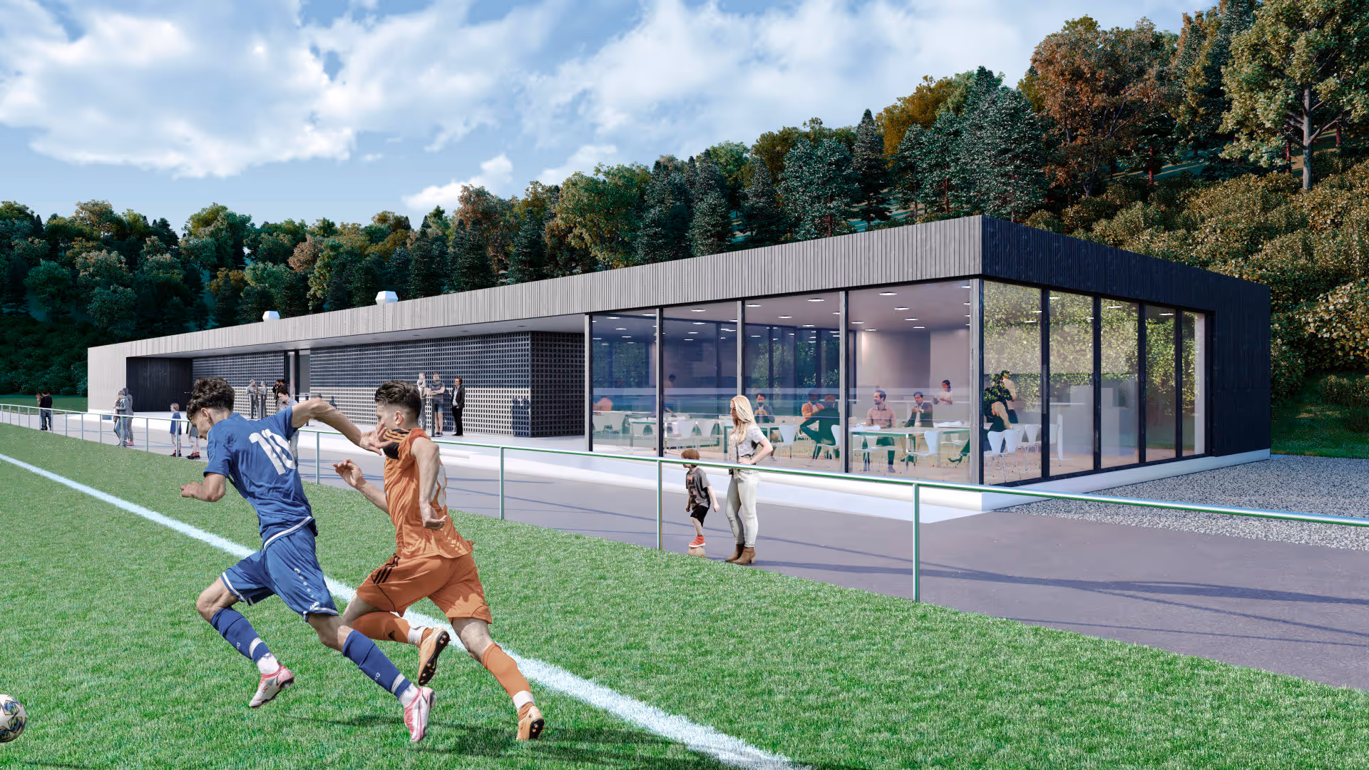 Visualisierung eines modernen Fussball-Vereinsheims mit grosser Glasfront, davor spielenden Fußballern und im Hintergrund Bäumen.