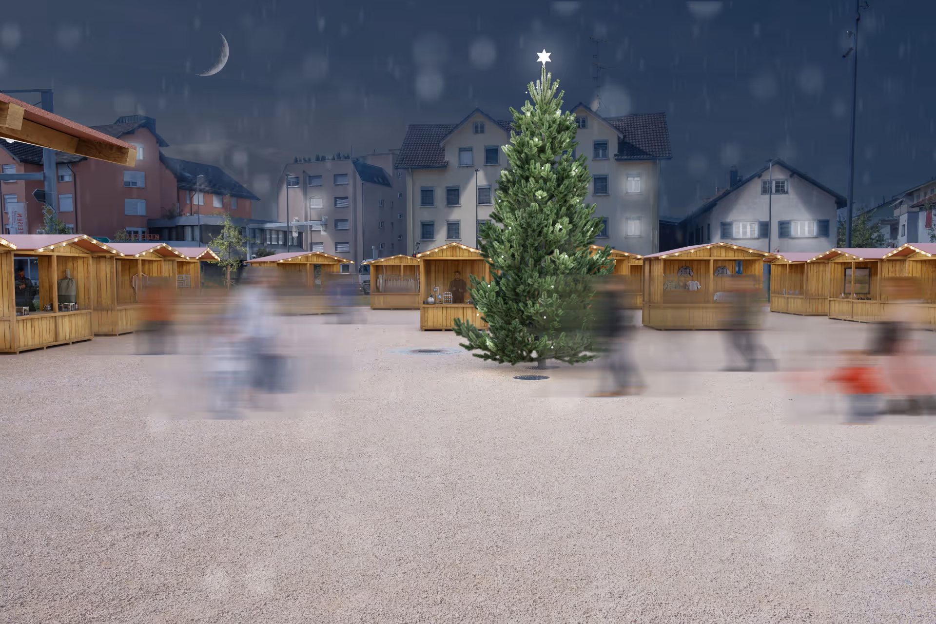 Abendliche Visualisierung eines Weihnachtsmarktes mit Holzhütten, beleuchtetem Tannenbaum, verschwommenen Personen und Schnee.