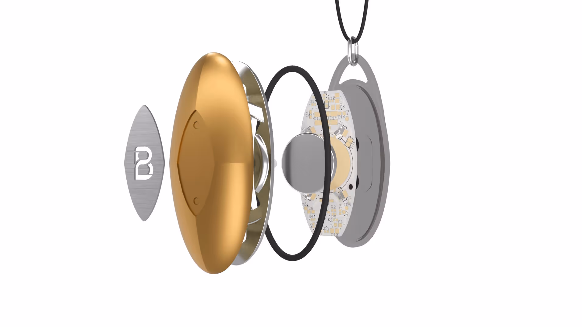 Explosionszeichnung eines ovalen, goldfarbenen Gehäuses für ein kleines elektronisches Gerät mit Platine und Trageöse.