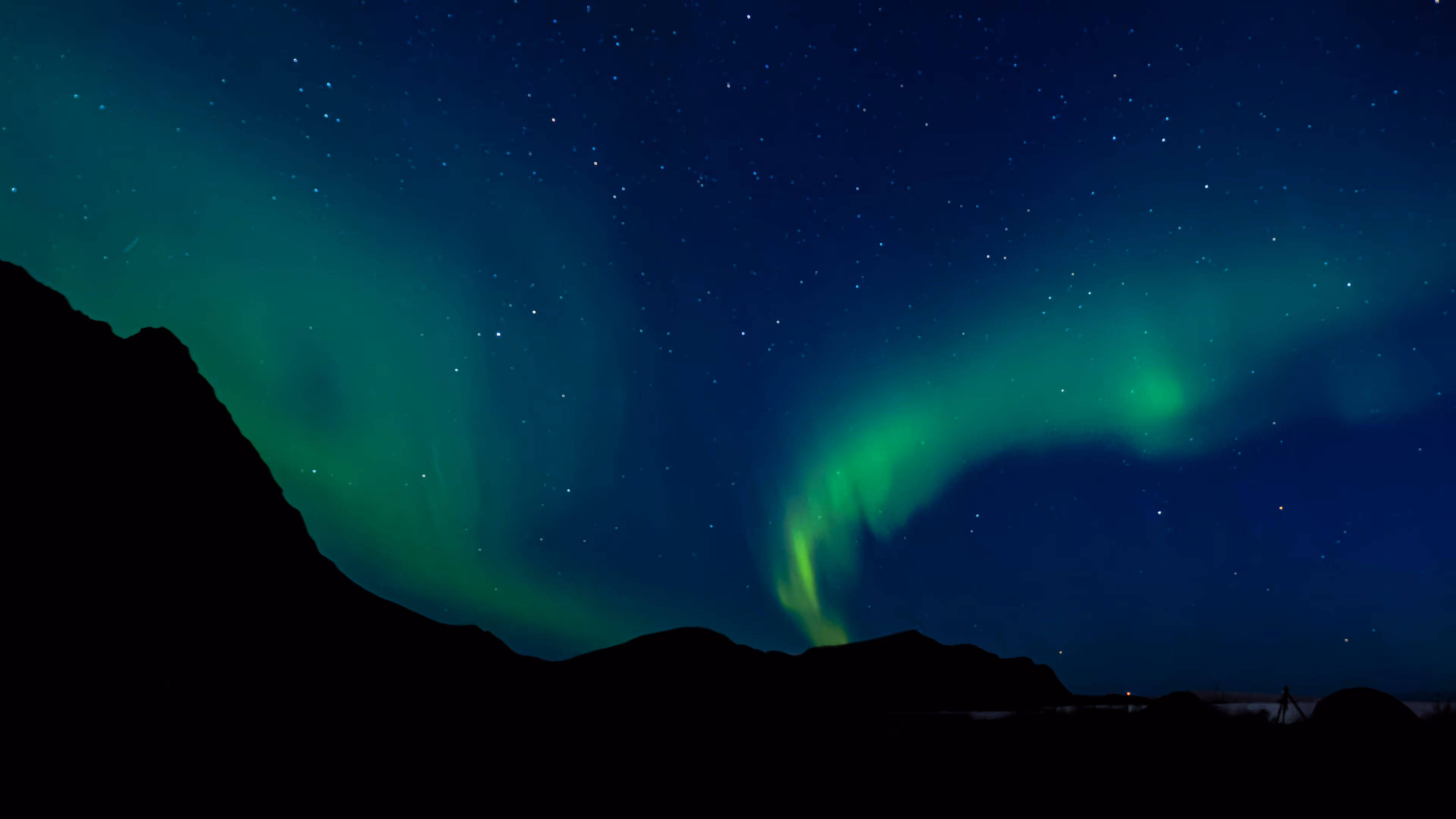 Spektakuläre Aurora Borealis in leuchtendem Grün am dunklen Nachthimmel über einer Silhouette von Bergen.