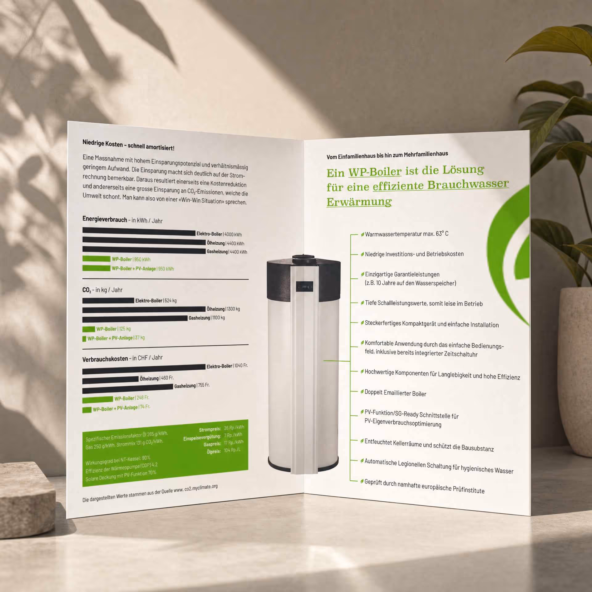 Geöffneter Werbeflyer über effiziente WP-Boiler zur Brauchwassererwärmung mit Diagrammen und Produktvorteilen, aufgestellt auf einem hellen Tisch.