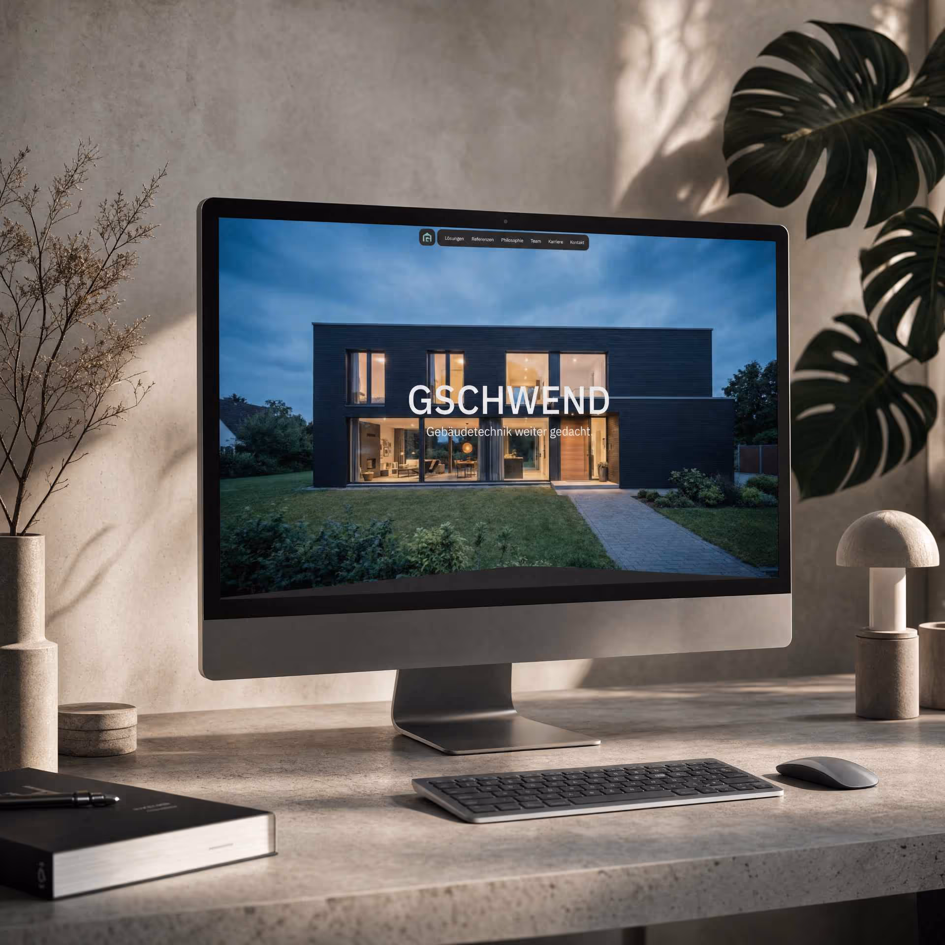 Monitor mit der Website-Startseite der Firma Gschwend Gebäudetechnik in einer modernen Büroumgebung.