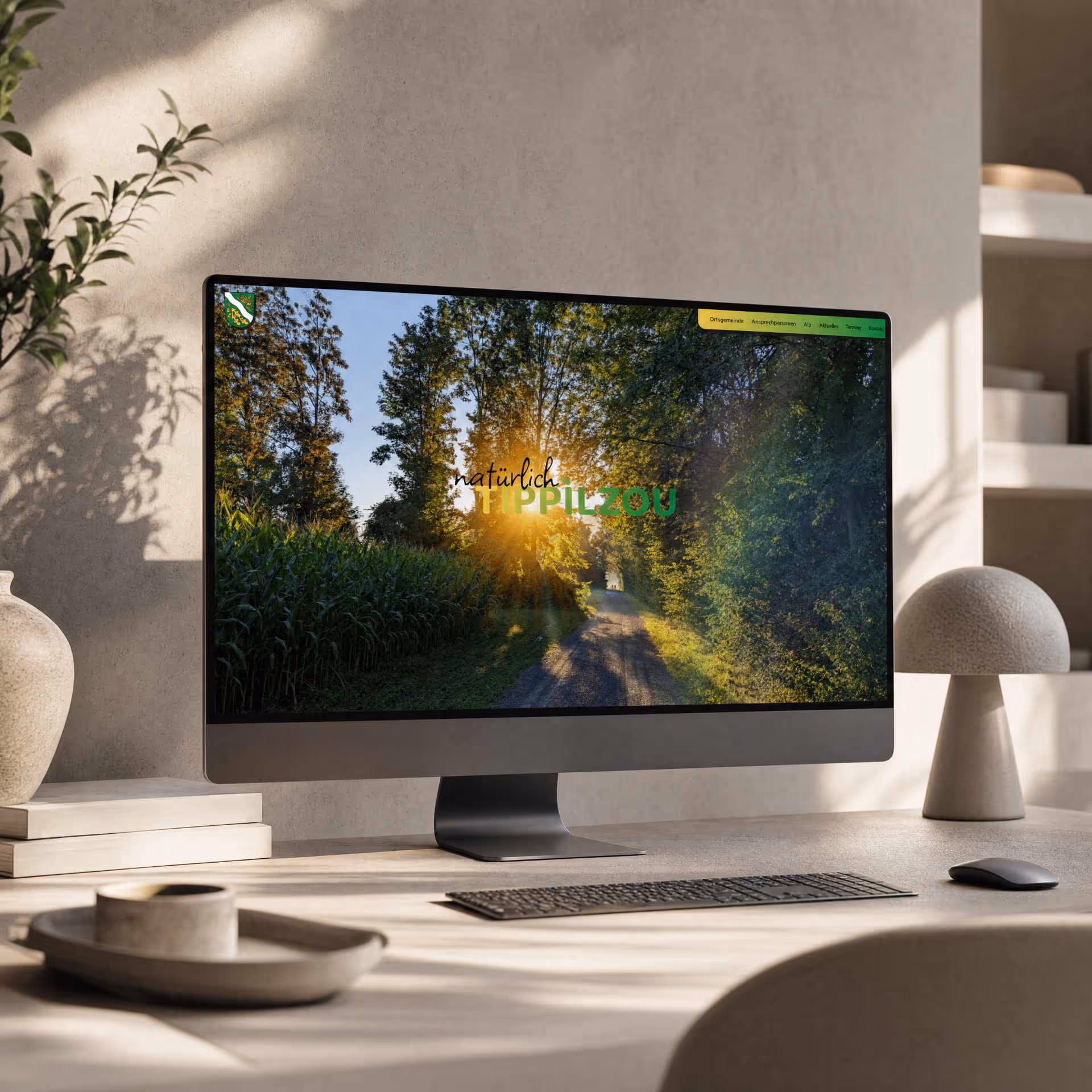 Ein Desktop-Monitor auf einem Schreibtisch zeigt die Startseite der Website der Ortsgemeinde Diepoldsau mit dem Slogan „natürlich Diepoldsau“ vor einem sonnendurchfluteten Waldweg.