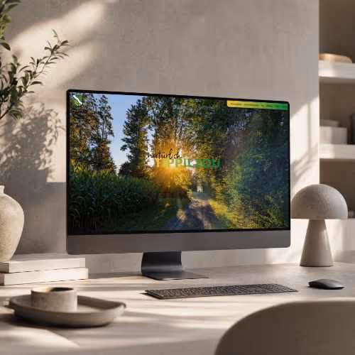 Ein Desktop-Monitor auf einem Schreibtisch zeigt die Startseite der Website der Ortsgemeinde Diepoldsau mit dem Slogan „natürlich Diepoldsau“ vor einem sonnendurchfluteten Waldweg.
