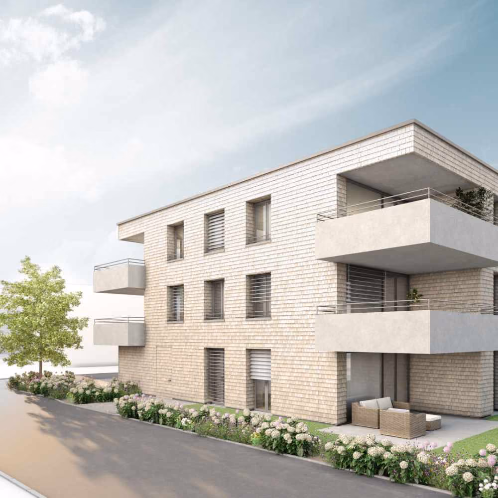 Visualisierung eines dreistöckigen, modernen Mehrfamilienhauses mit hellbrauner Holzschindel-Fassade und Balkonen.