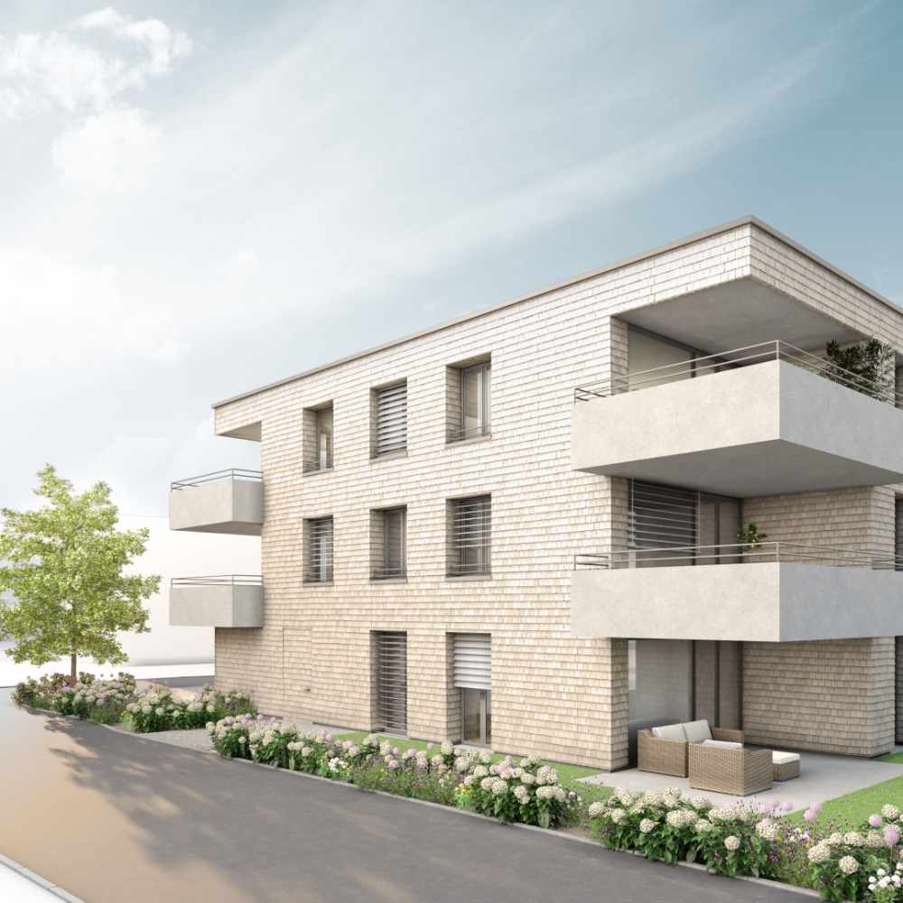 Visualisierung eines dreistöckigen, modernen Mehrfamilienhauses mit hellbrauner Holzschindel-Fassade und Balkonen.