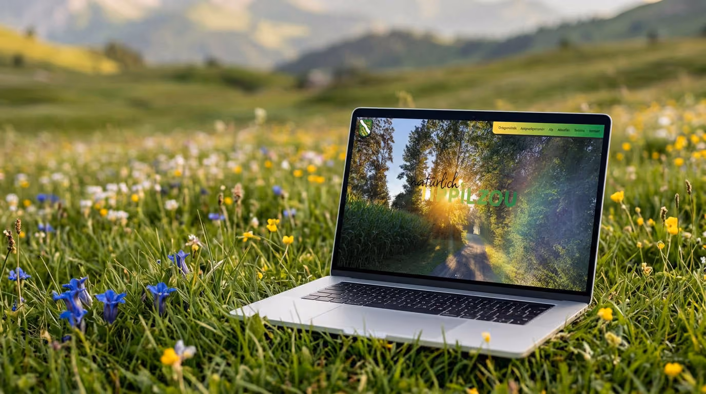 Laptop auf einer Blumenwiese zeigt die neue Startseite der Ortsgemeinde Diepoldsau mit Slogan Tìppilzou.