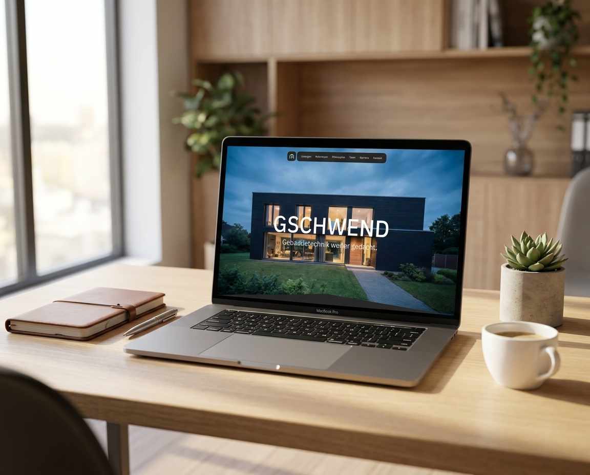Laptop zeigt die neue Startseite von Gschwend mit Foto eines modernen Gebäudes bei Nacht.