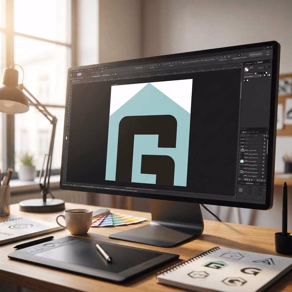 Bildschirm am Arbeitsplatz zeigt die Entwicklung des neuen Gschwend Logos in der Designsoftware.