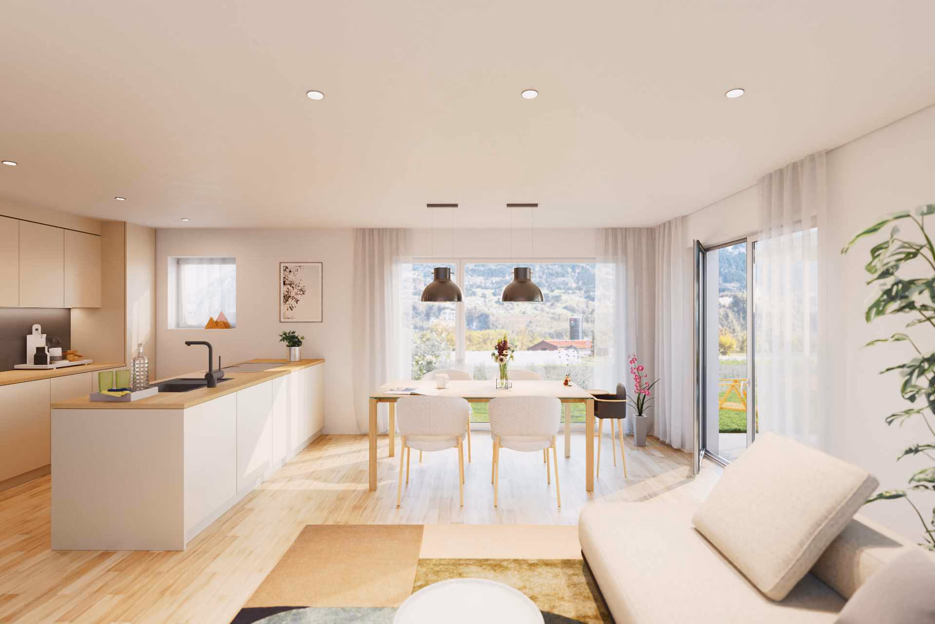 3D Visualisierung des Wohn und Essbereichs mit Küche im Reiheneinfamilienhaus Alpstrasse in Diepoldsau