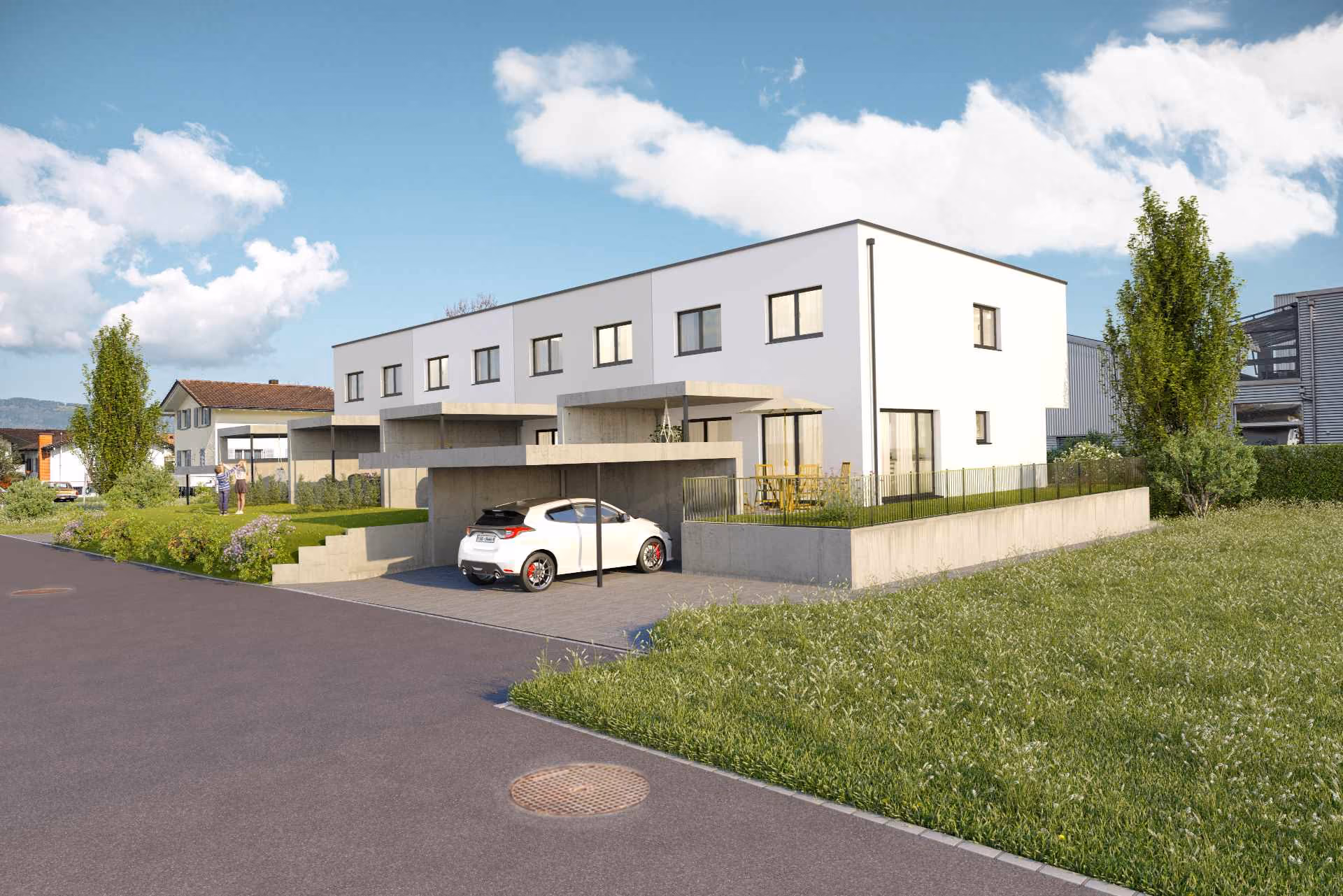 Aussenansicht Südost mit Carport, Terrasse und parkiertem Auto beim Reiheneinfamilienhaus Alpstrasse
