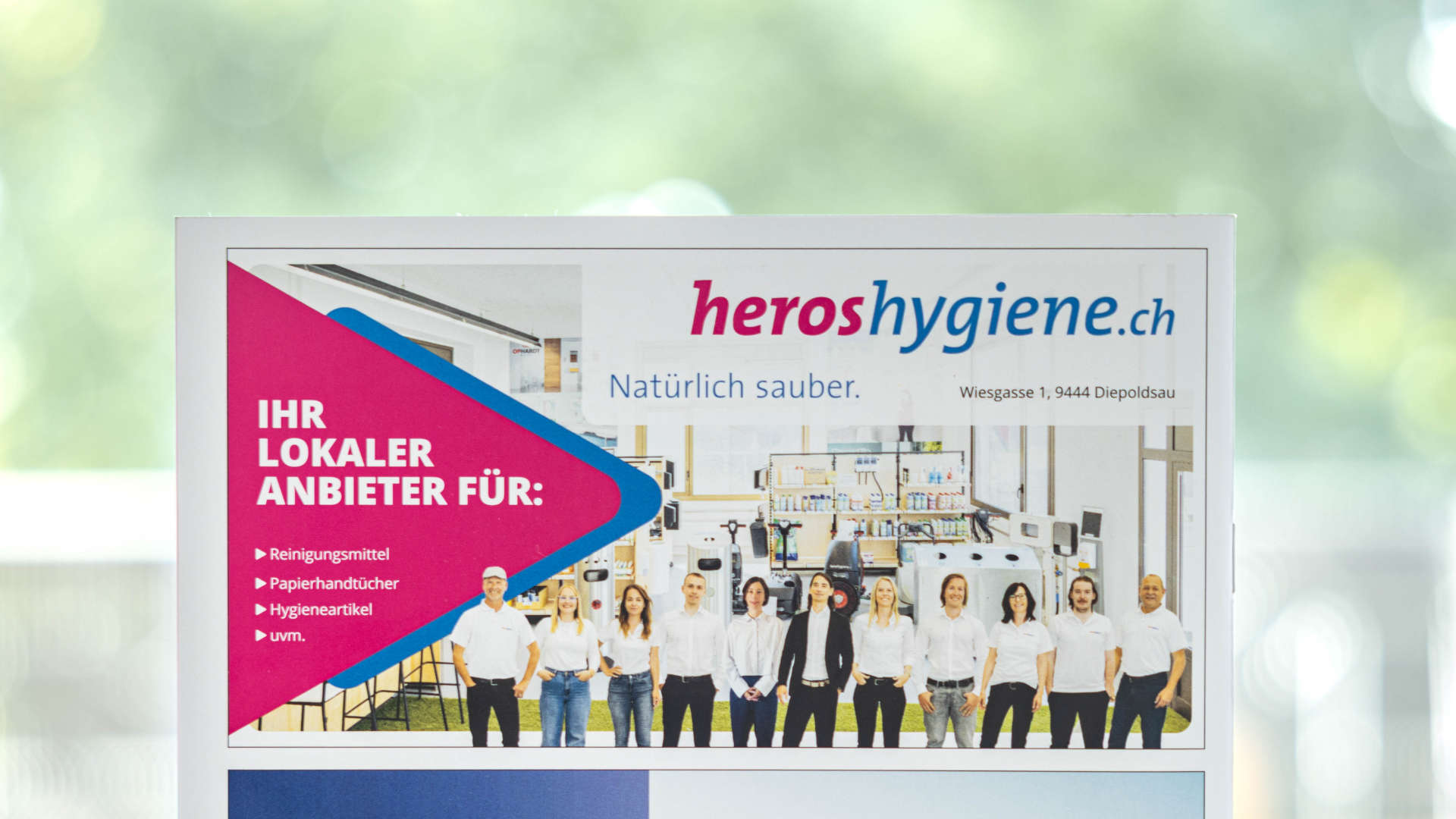 Gedrucktes Inserat von Heros Hygiene in der Informationsbroschüre der Gemeinde Diepoldsau, Nahaufnahme.