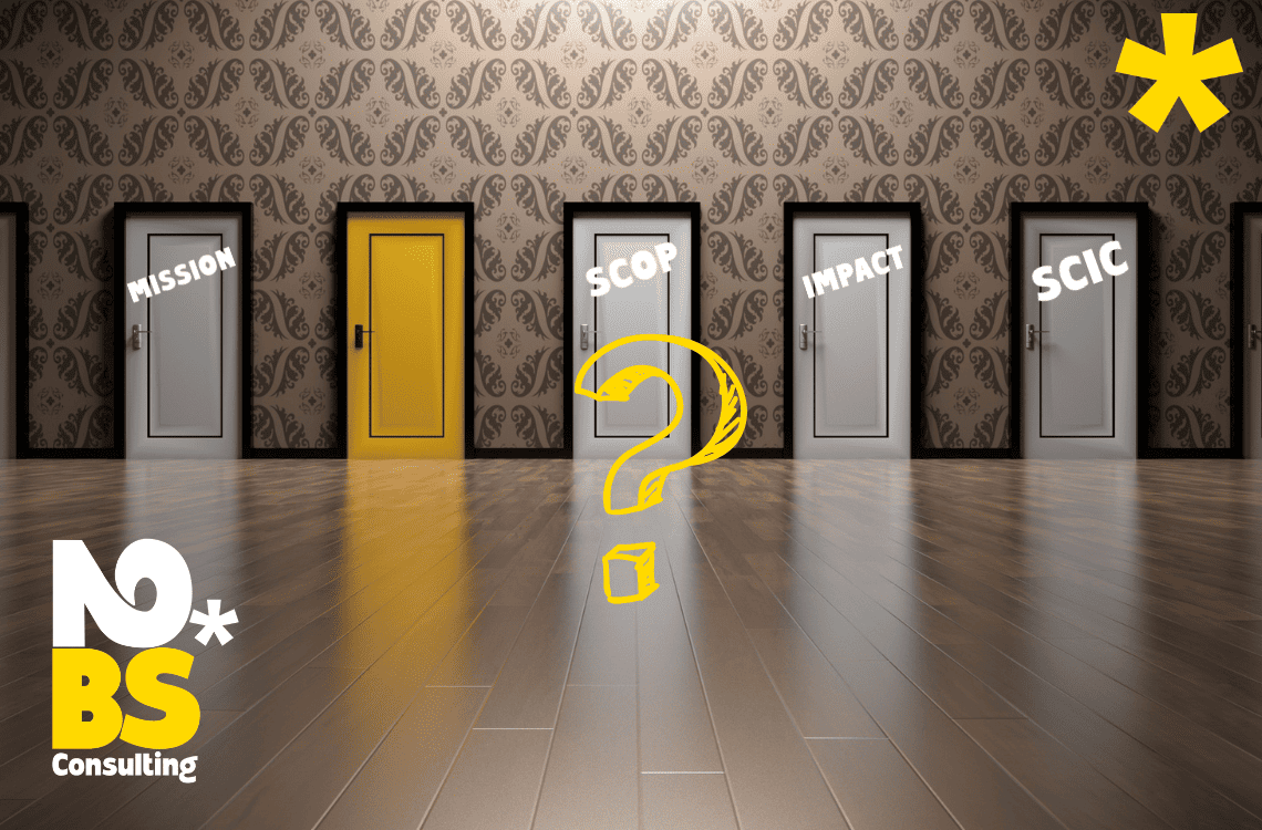 Choix entre différentes portes avec les noms de statut des entreprises engagées (SCOP, etc)