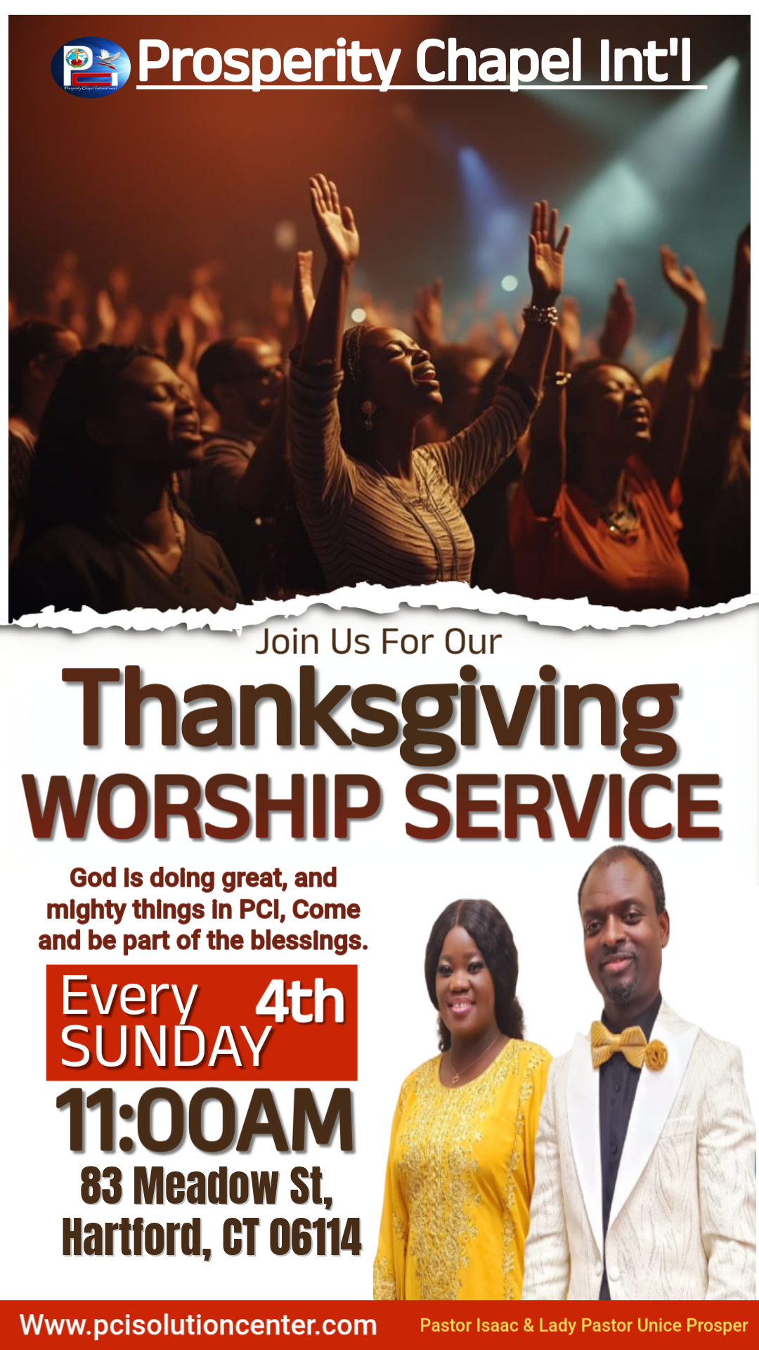 People worshipping with hands raised in a church with overlay text about Prosperity Chapel Intl's Thanksgiving worship service every 4th Sunday at 11:00 AM at 83 Meadow St, Hartford, CT.