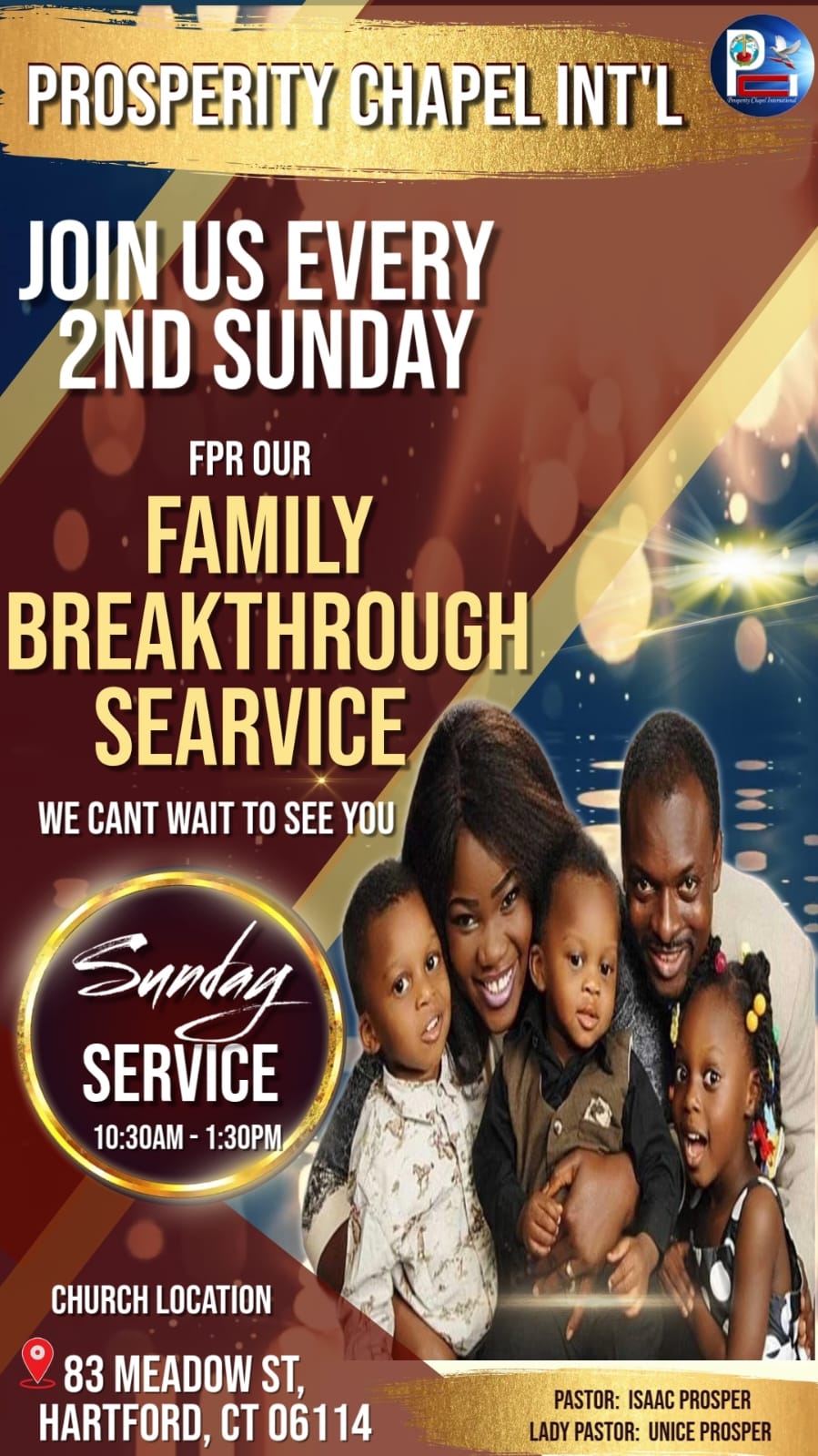 People worshipping with hands raised in a church with overlay text about Prosperity Chapel Intl's Thanksgiving worship service every 4th Sunday at 11:00 AM at 83 Meadow St, Hartford, CT.