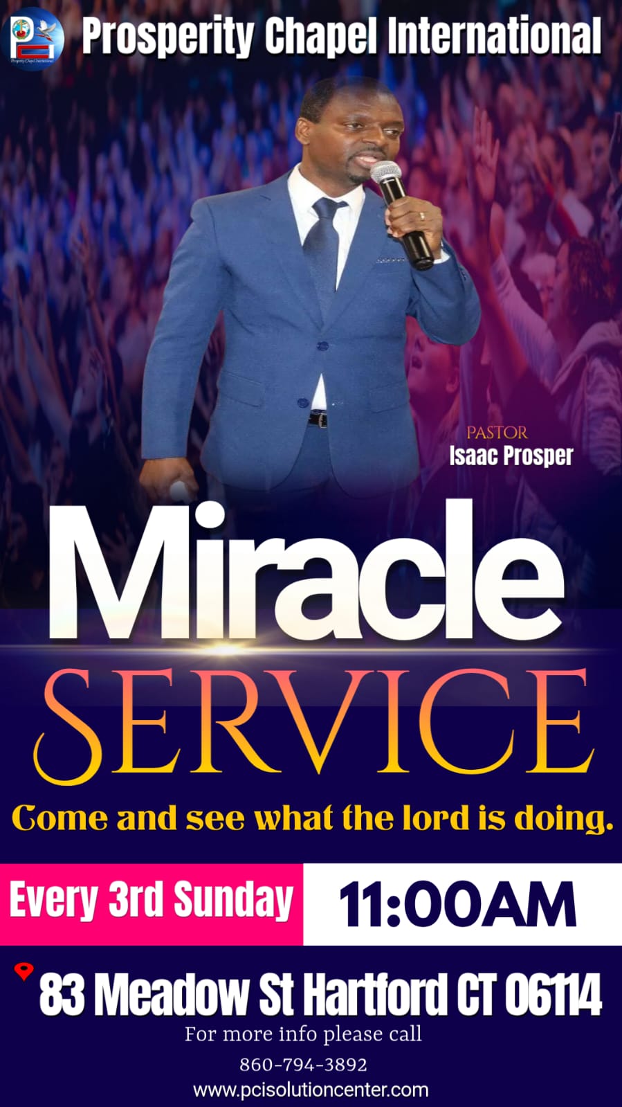 People worshipping with hands raised in a church with overlay text about Prosperity Chapel Intl's Thanksgiving worship service every 4th Sunday at 11:00 AM at 83 Meadow St, Hartford, CT.