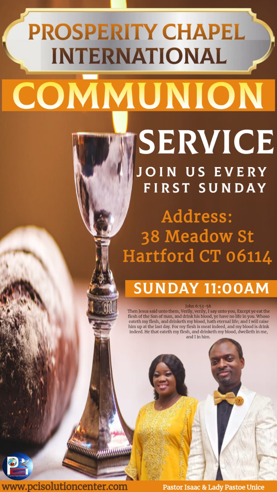 People worshipping with hands raised in a church with overlay text about Prosperity Chapel Intl's Thanksgiving worship service every 4th Sunday at 11:00 AM at 83 Meadow St, Hartford, CT.