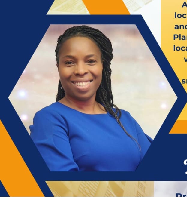 Smiling woman with braided hair wearing a royal blue top, framed in a hexagon with dark blue and orange borders.