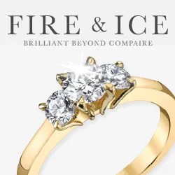zoomed in brilliant round diamond below the words Fire and Ice brilliant beyond compare. Half of the diamond has a blue hue to communicate the word ice from their brand name